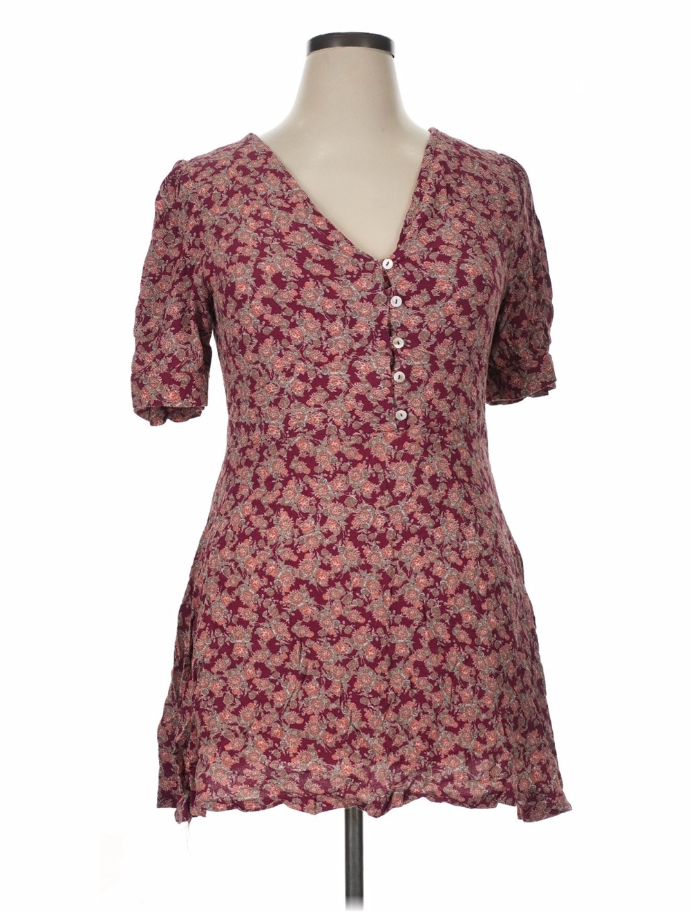 Free People Burgundy Floral V-Neck Button Tunic